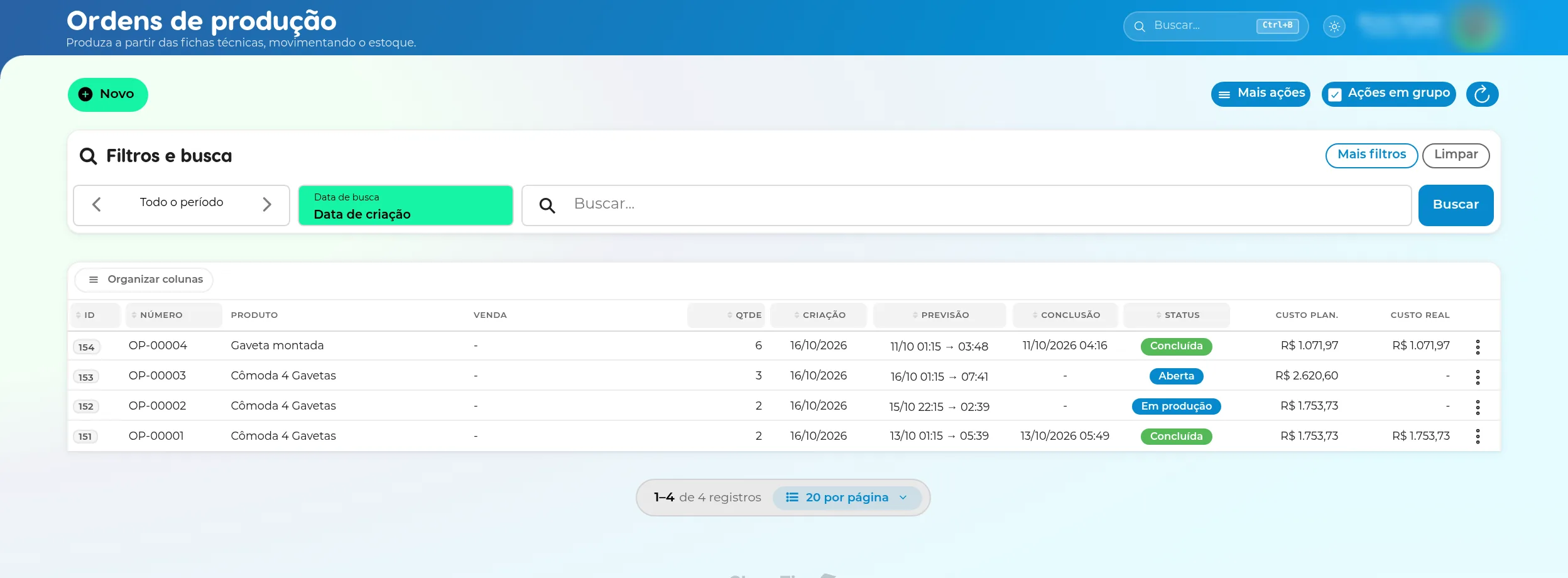 Lista de ordens de produção com número, produto, quantidade, datas, status e custos planejado e real