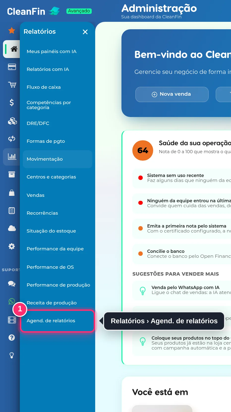 Menu Relatórios aberto, com a opção Agend. de relatórios destacada