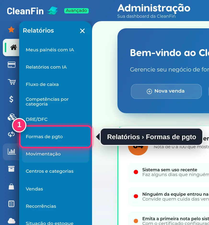 Menu Relatórios aberto, com a opção Formas de pgto destacada