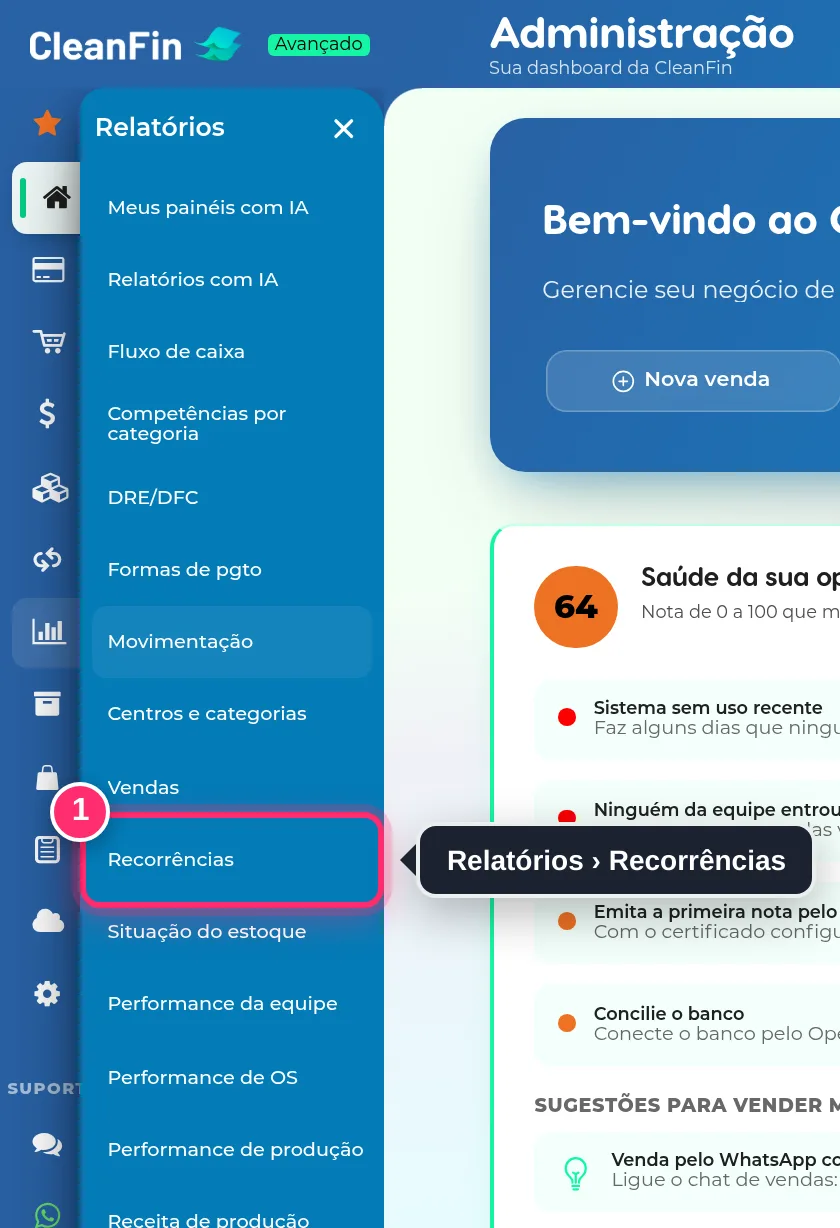 Menu Relatórios aberto, com a opção Recorrências destacada