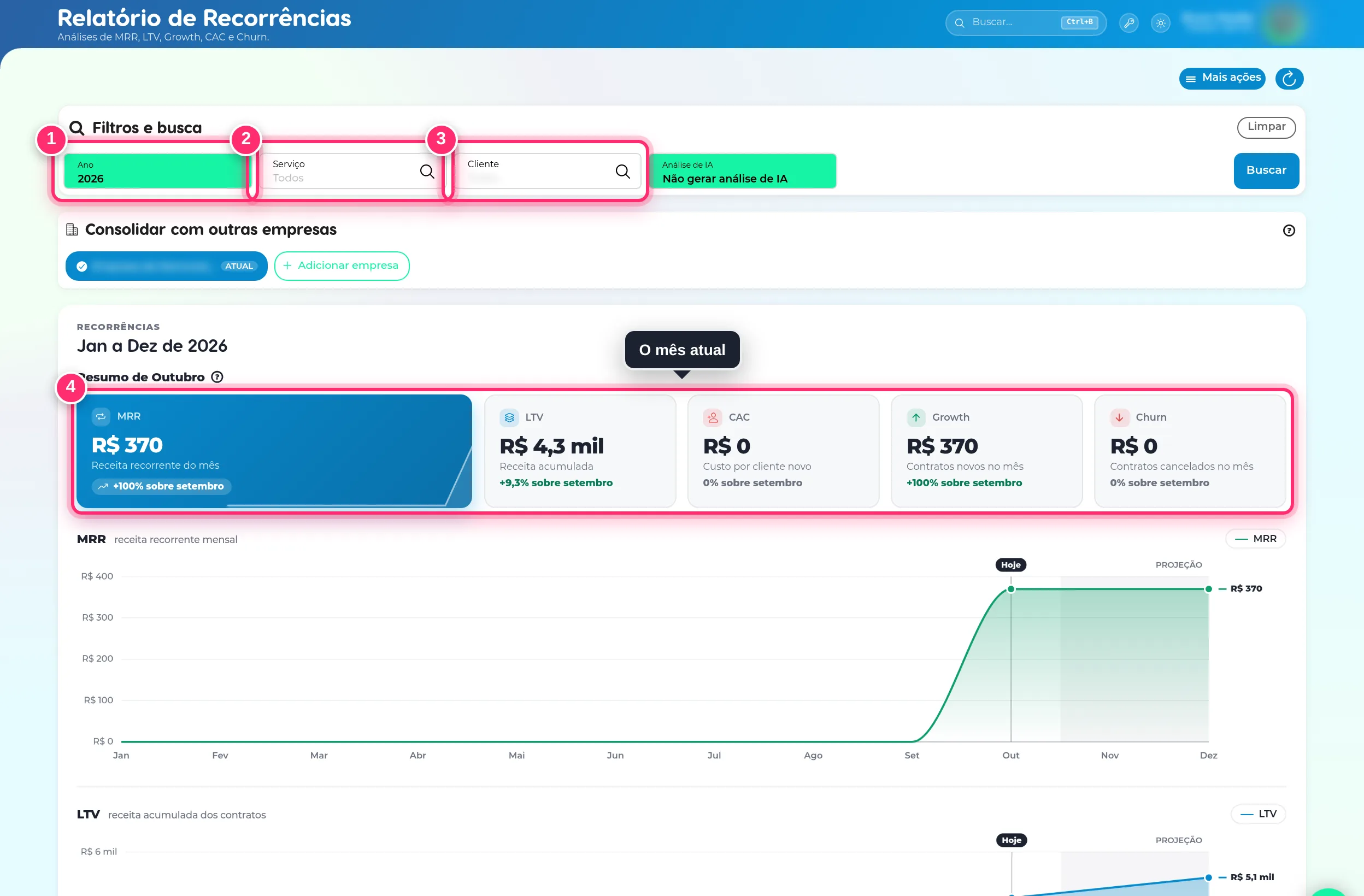 Relatório de recorrências com os filtros ano, serviço e cliente e o resumo do mês destacados