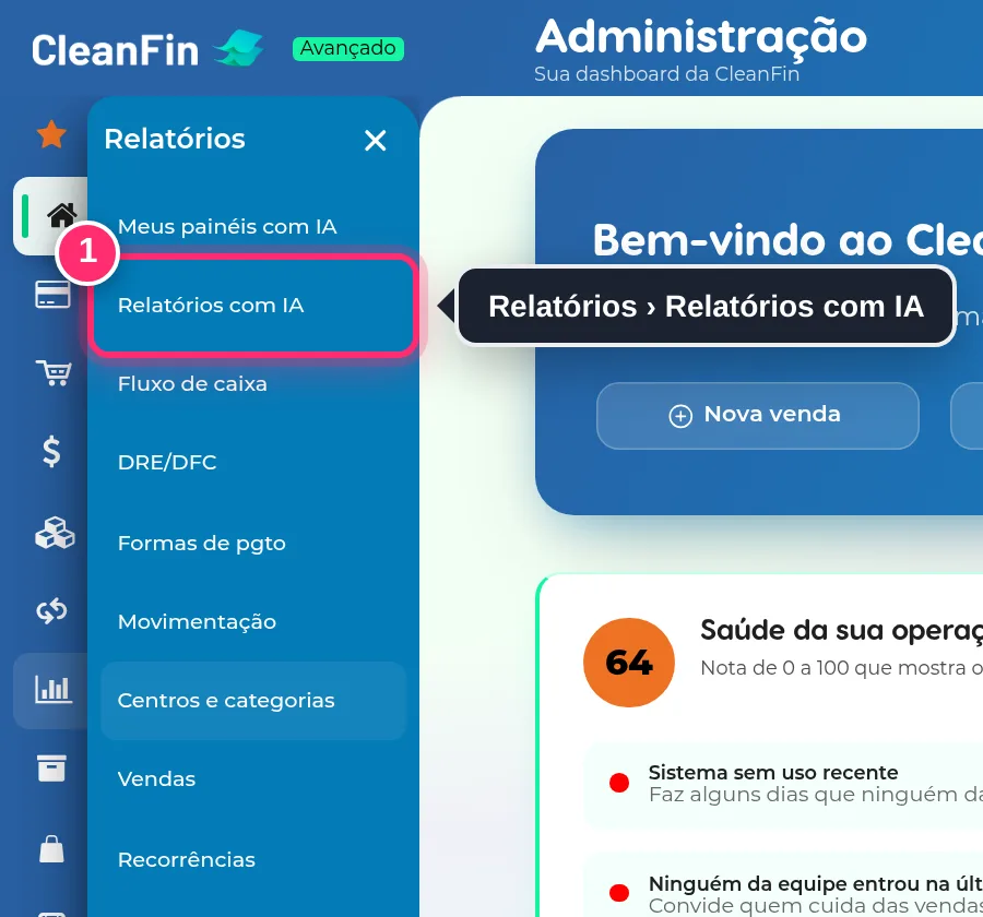 Menu Relatórios aberto, com a opção Relatórios com IA destacada