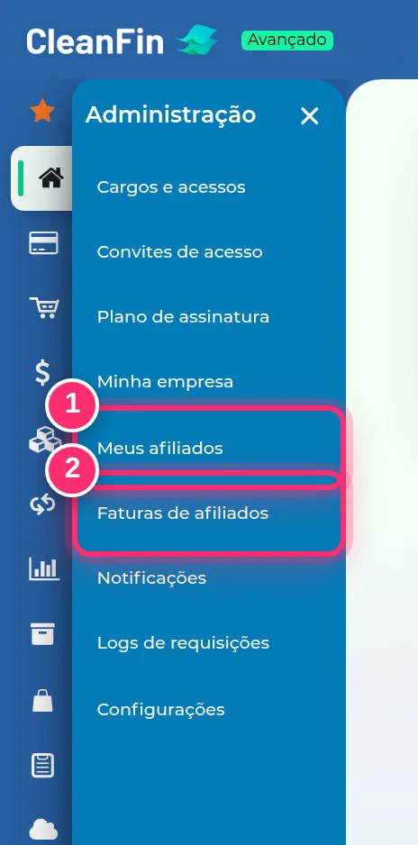 Menu Administração aberto, com as opções Meus afiliados e Faturas de afiliados destacadas