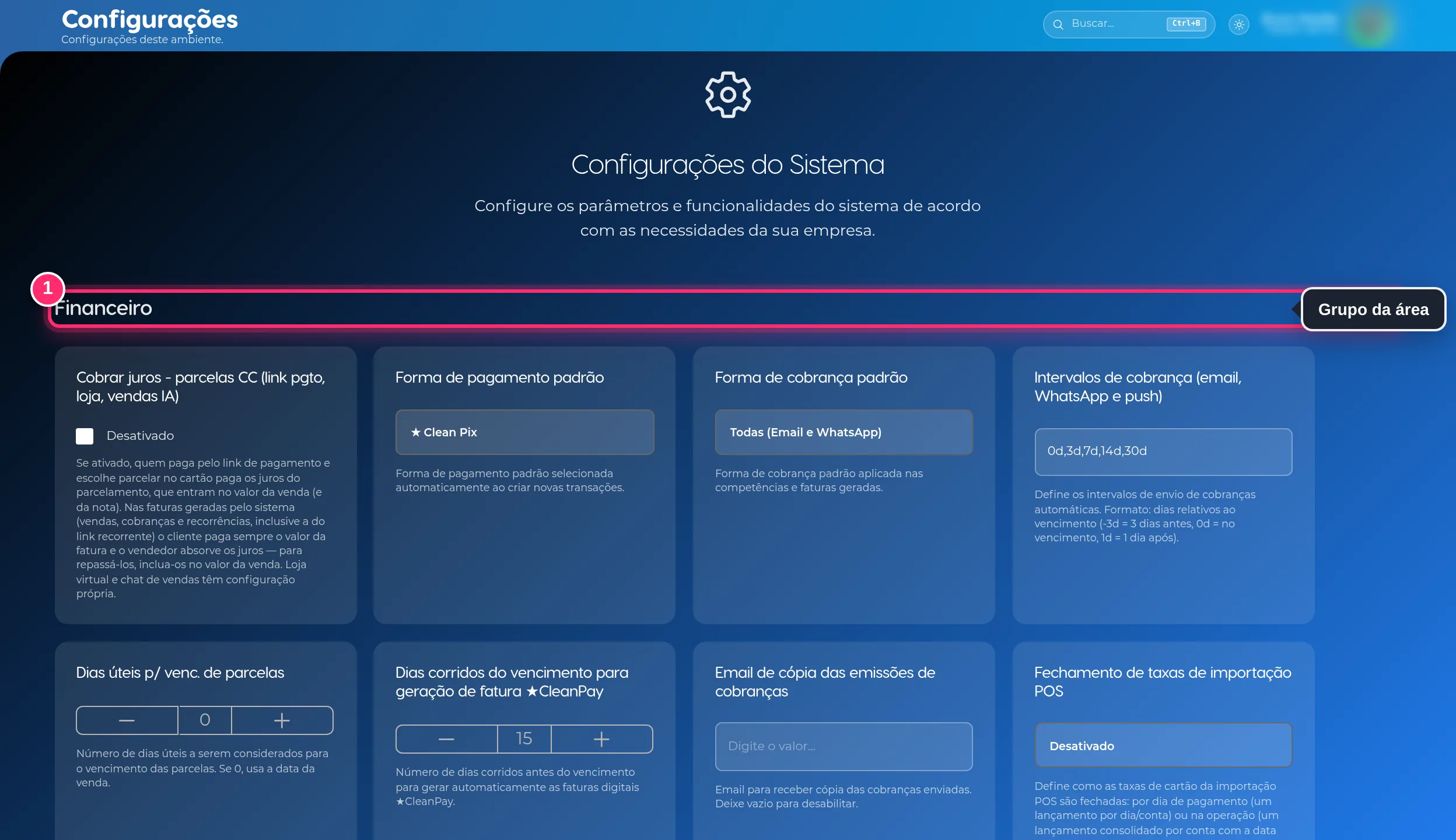 Tela de configurações do Financeiro com o nome do grupo destacado e os cartões de configuração