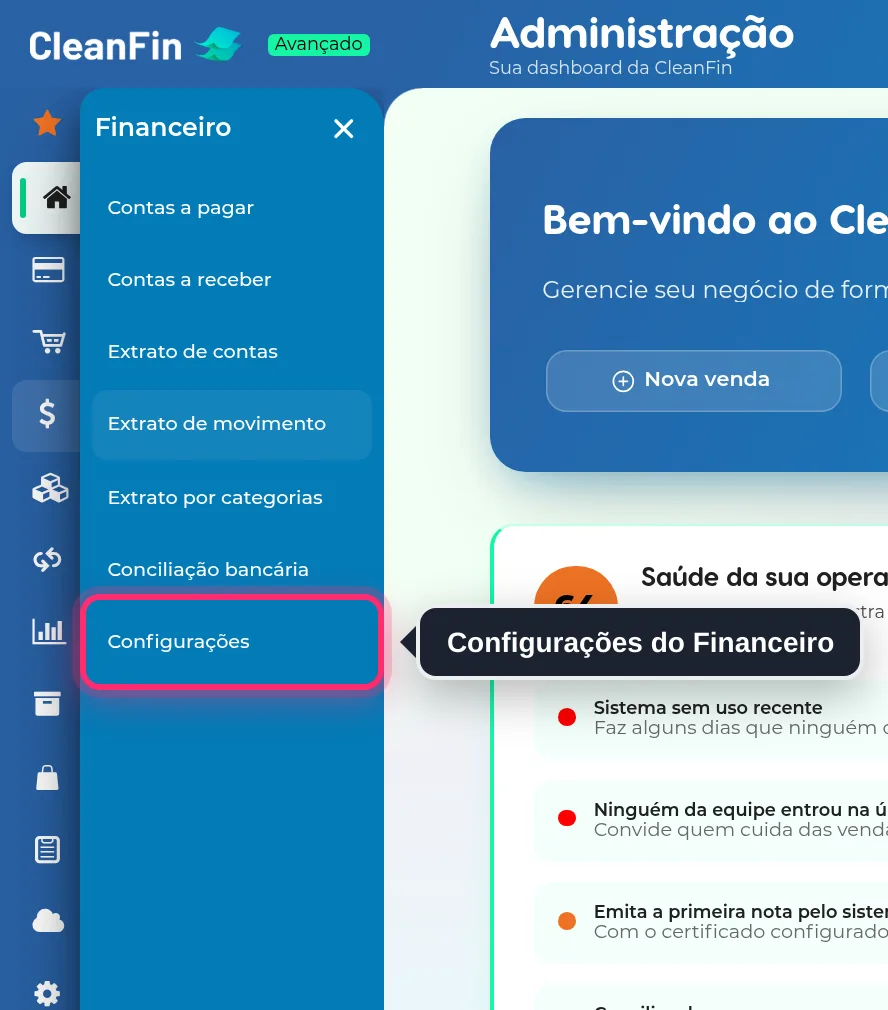 Menu Financeiro aberto, com a opção Configurações destacada no fim da lista