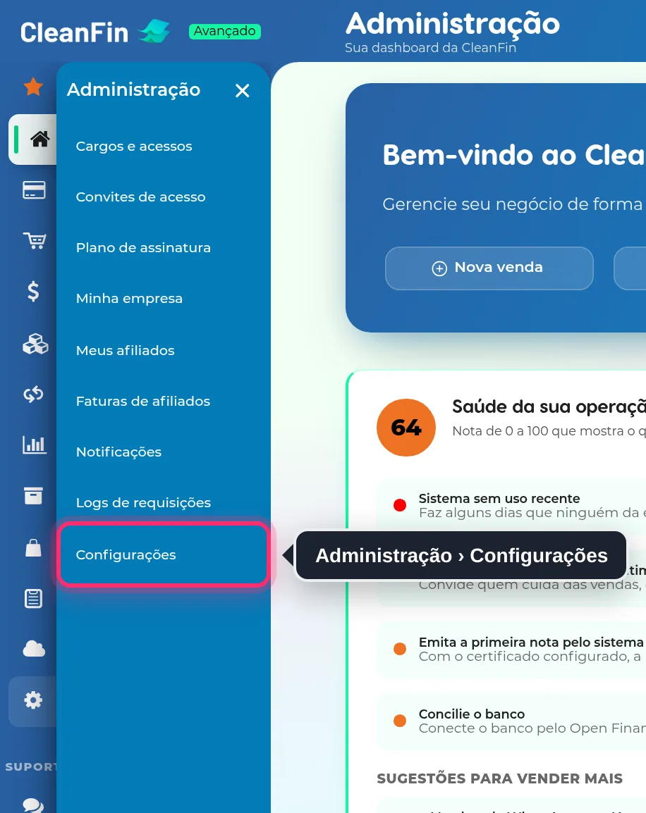 Menu Administração aberto, com a opção Configurações destacada