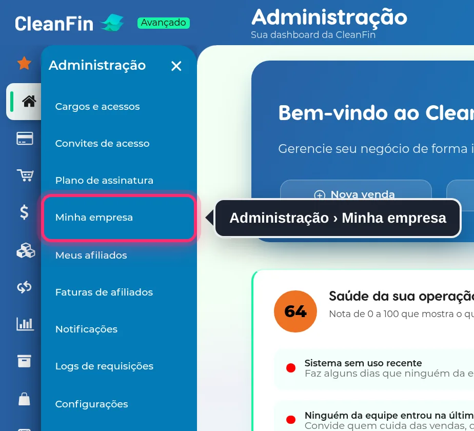 Menu Administração aberto, com a opção Minha empresa destacada