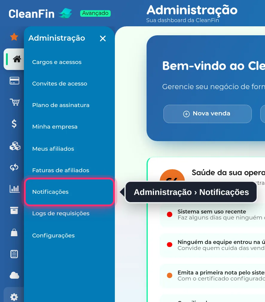 Menu Administração aberto, com a opção Notificações destacada