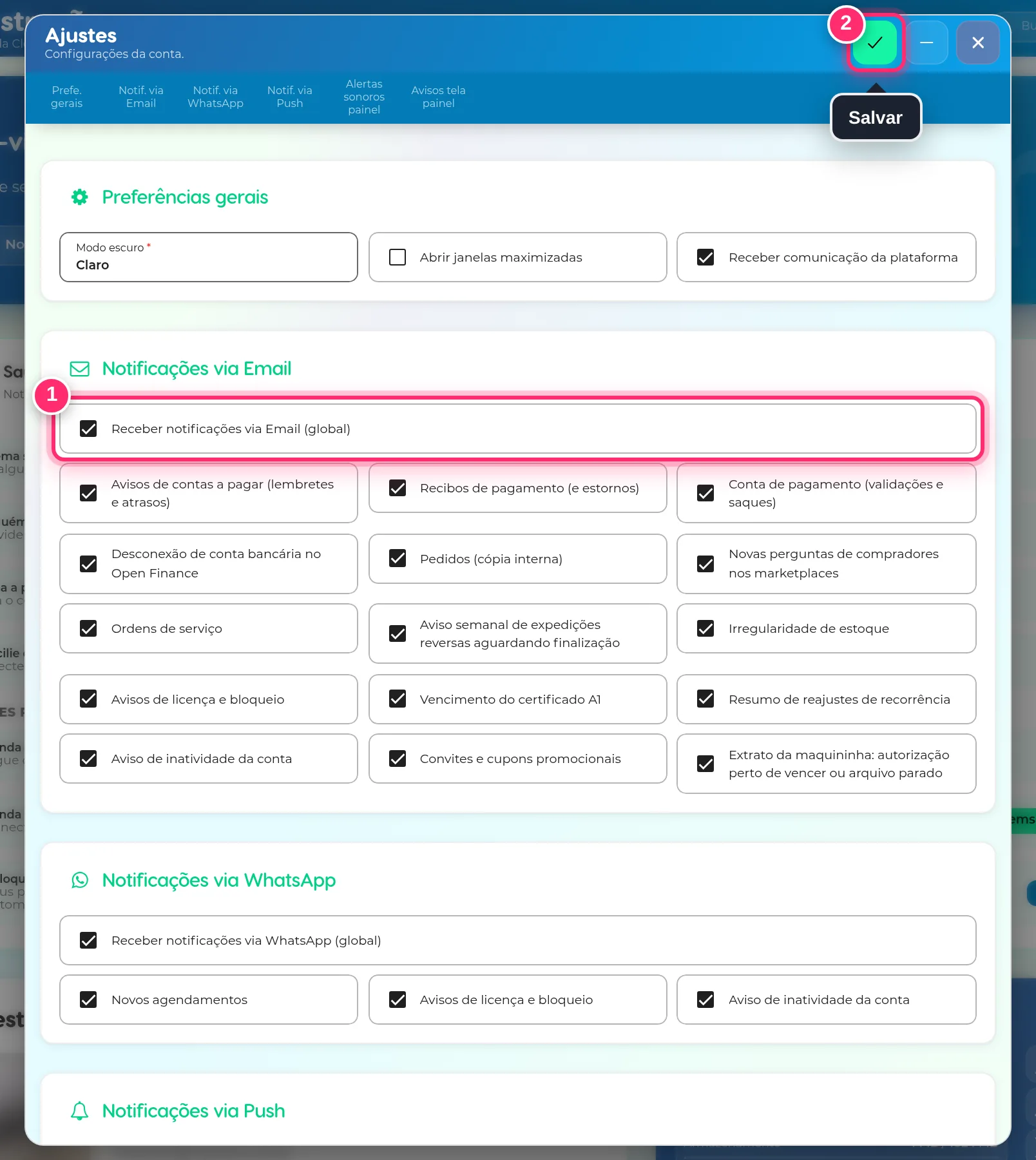 Janela de configurações do usuário com as notificações por e-mail e o botão de salvar destacados