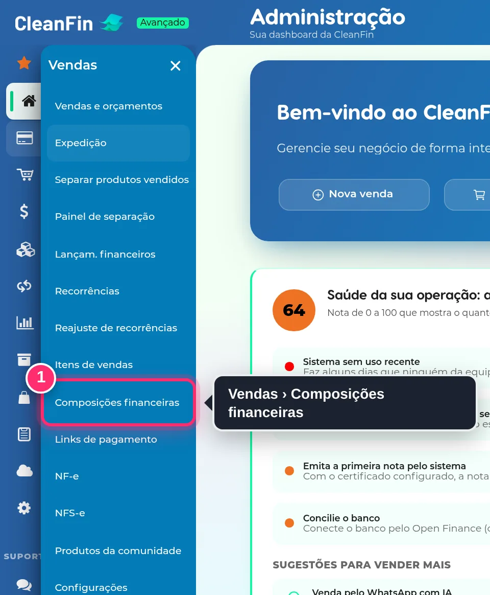 Menu Vendas aberto, com a opção Composições financeiras destacada