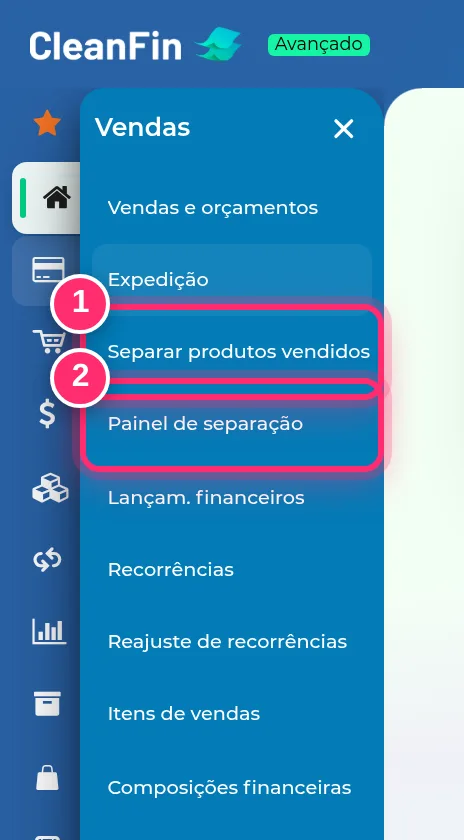 Menu Vendas com Separar produtos vendidos e Painel de separação destacados