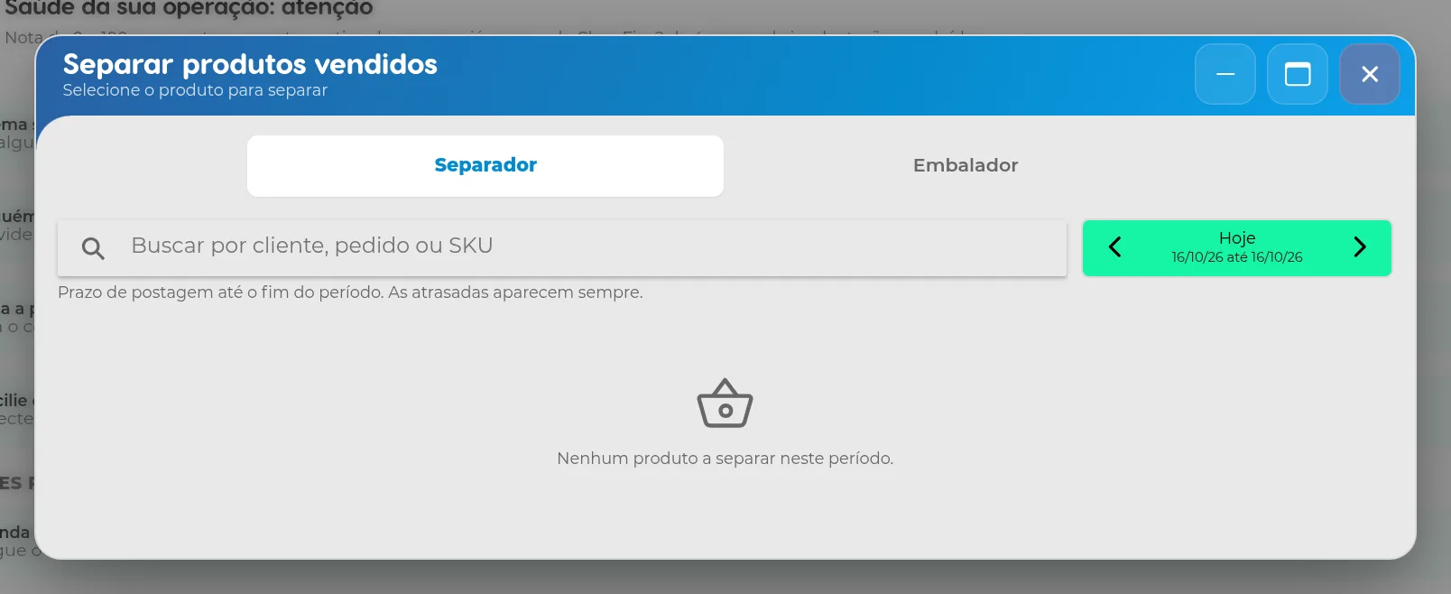 Janela Separar produtos vendidos na aba Separador, com a busca, o período e a lista de produtos a separar