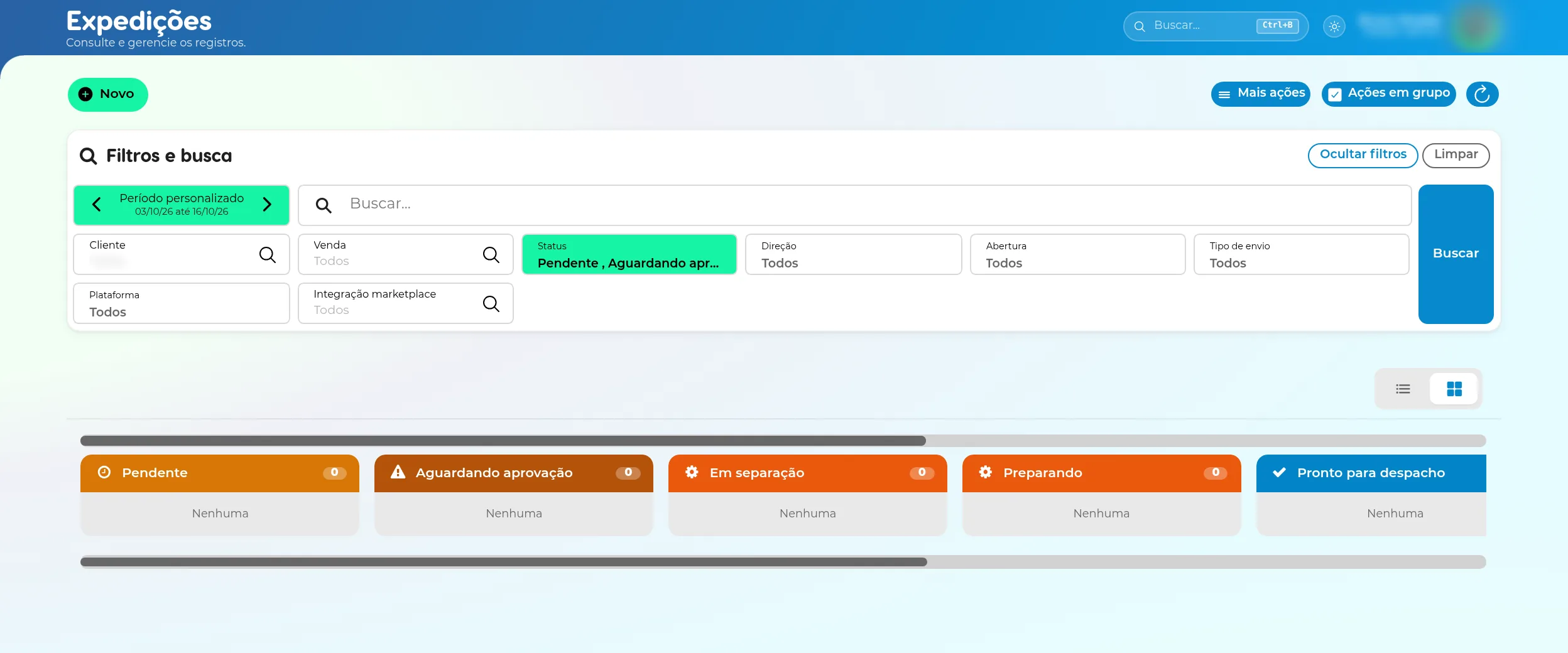 Lista de expedições com o seletor entre lista e quadro, os filtros e Mais ações