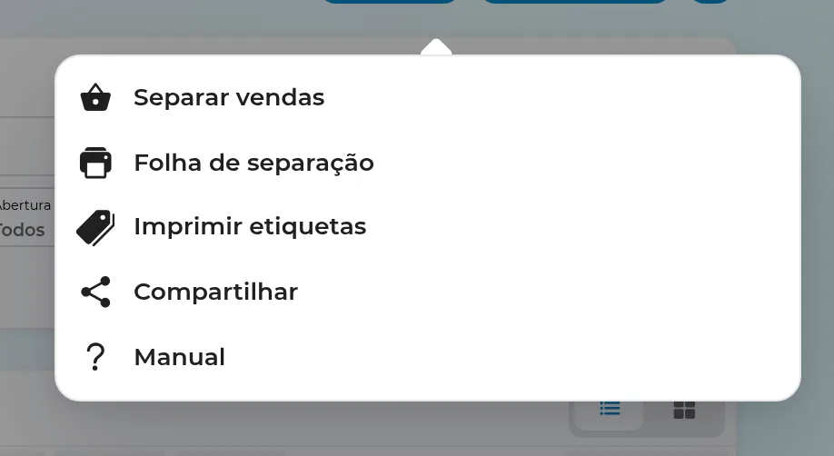 Menu Mais ações da expedição com Separar vendas, Folha de separação e Imprimir etiquetas