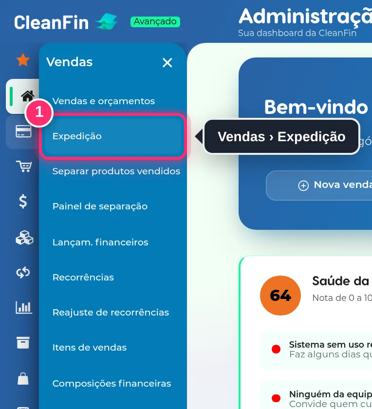 Menu Vendas aberto, com as opções Expedição, Separar produtos vendidos e Painel de separação