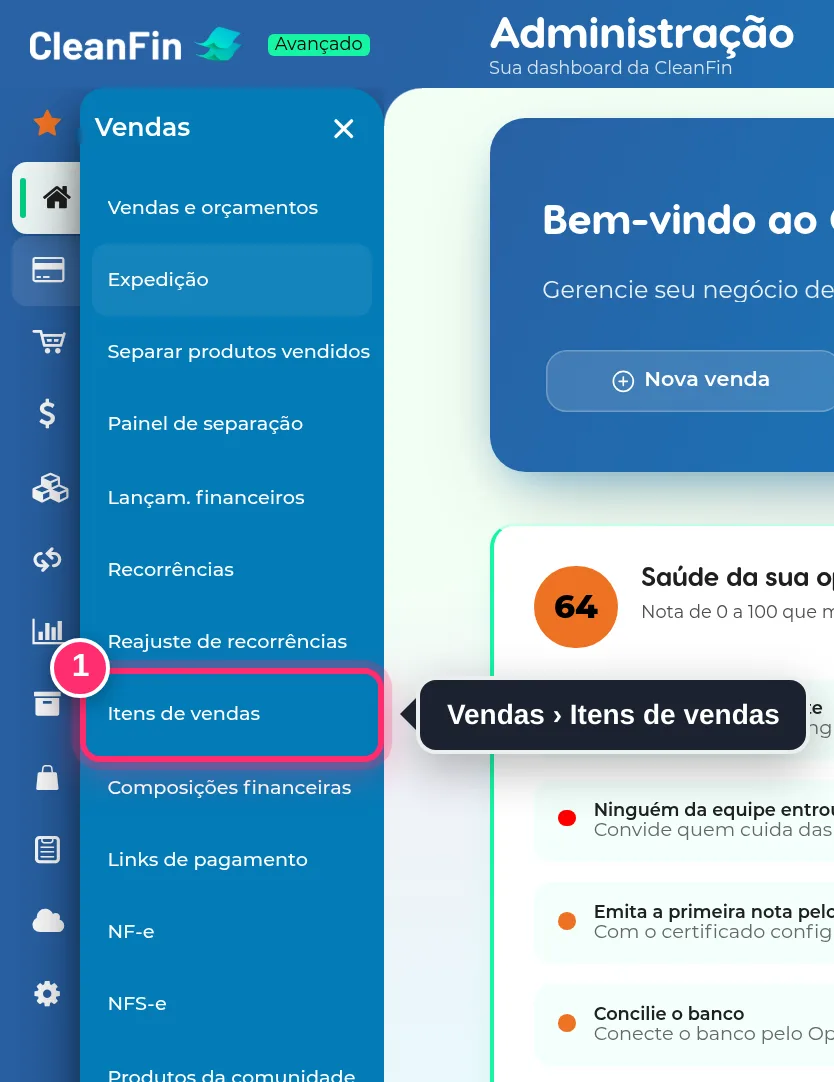 Menu Vendas aberto, com a opção Itens de vendas destacada