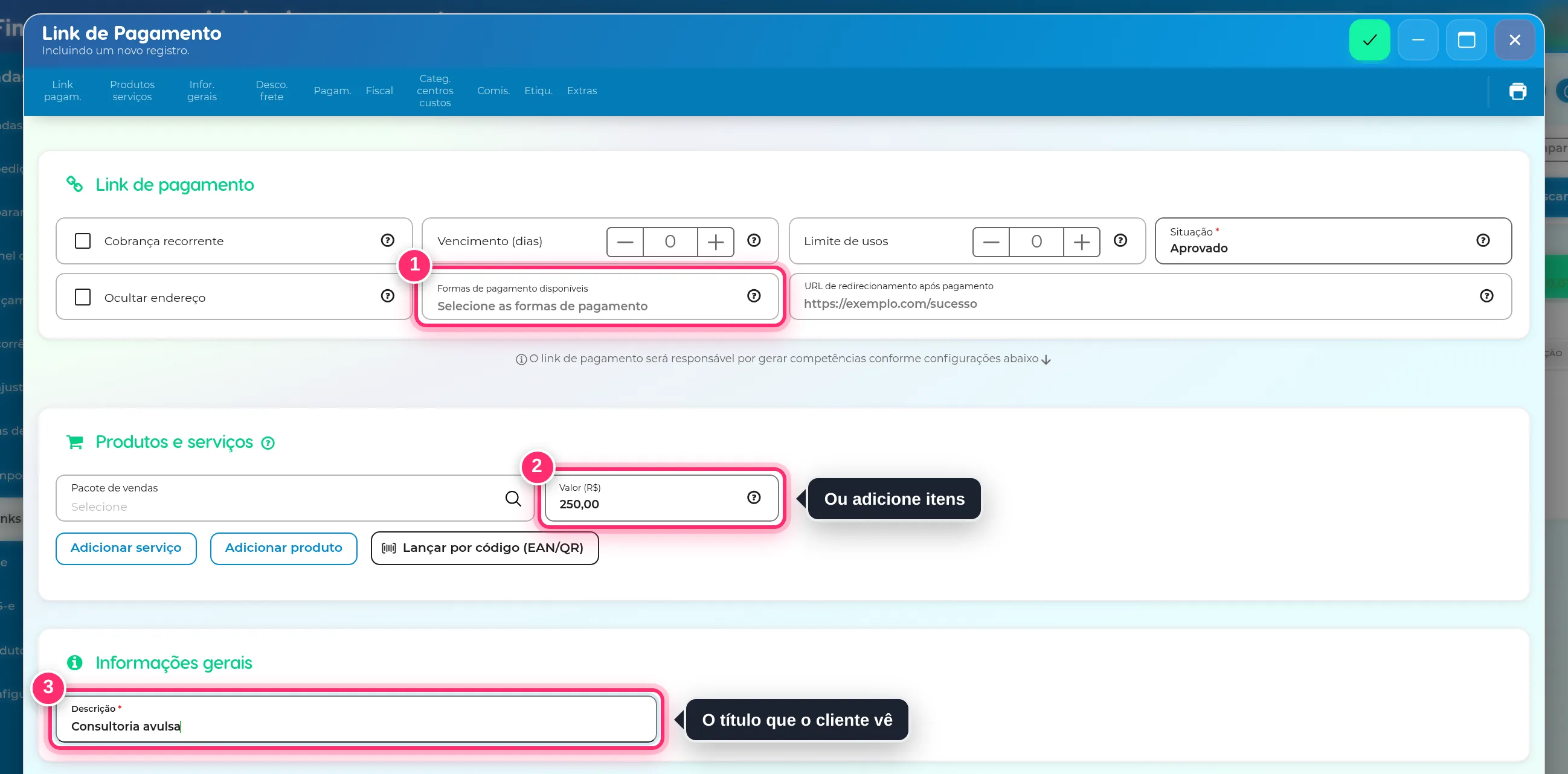 Formulário de link de pagamento com as formas de pagamento, o valor e a descrição destacados