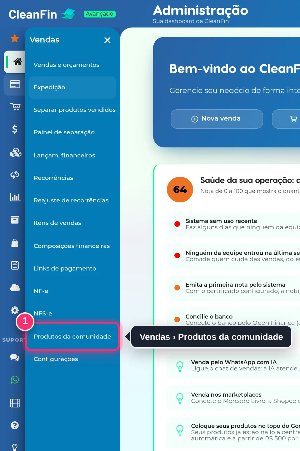 Menu Vendas aberto, com a opção Produtos da comunidade destacada