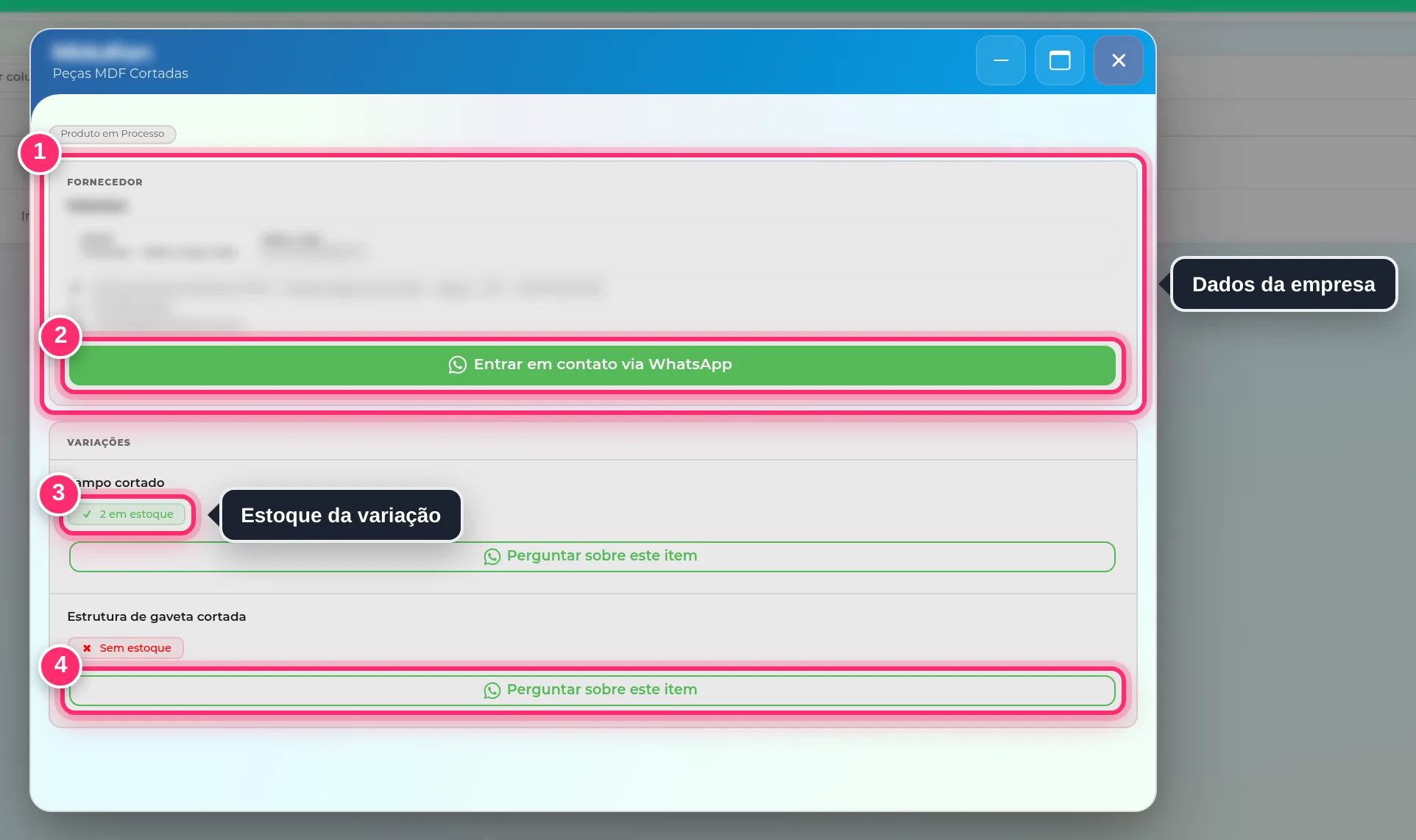 Ficha de um produto da comunidade com o bloco do fornecedor, o botão de WhatsApp e as variações com estoque e preço