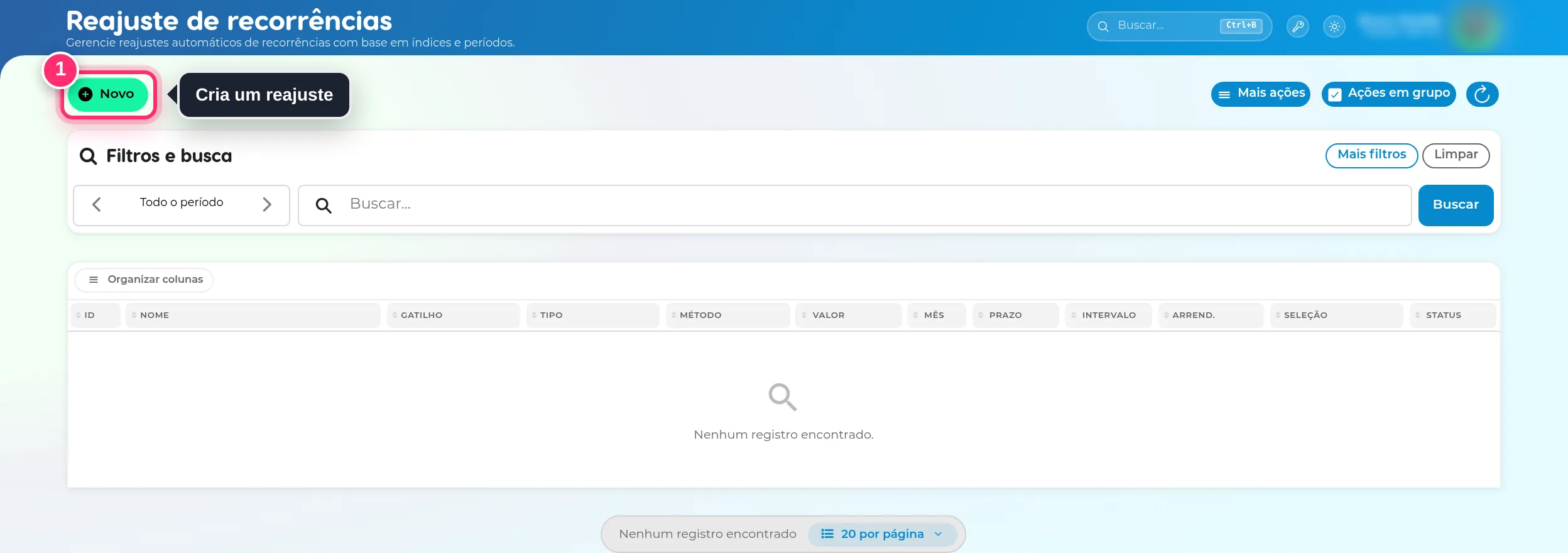 Lista de reajustes de recorrências, ainda vazia, com o botão Novo destacado