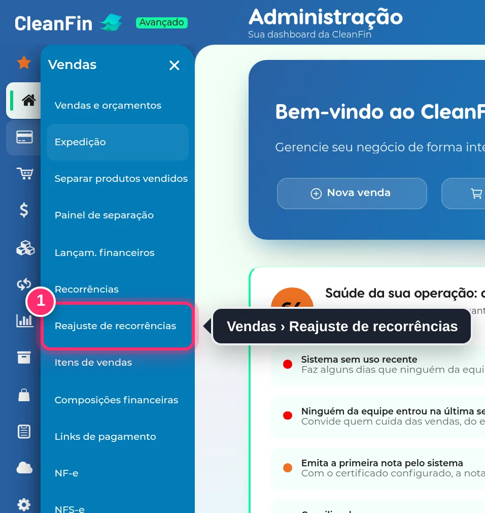 Menu Vendas aberto, com a opção Reajuste de recorrências destacada