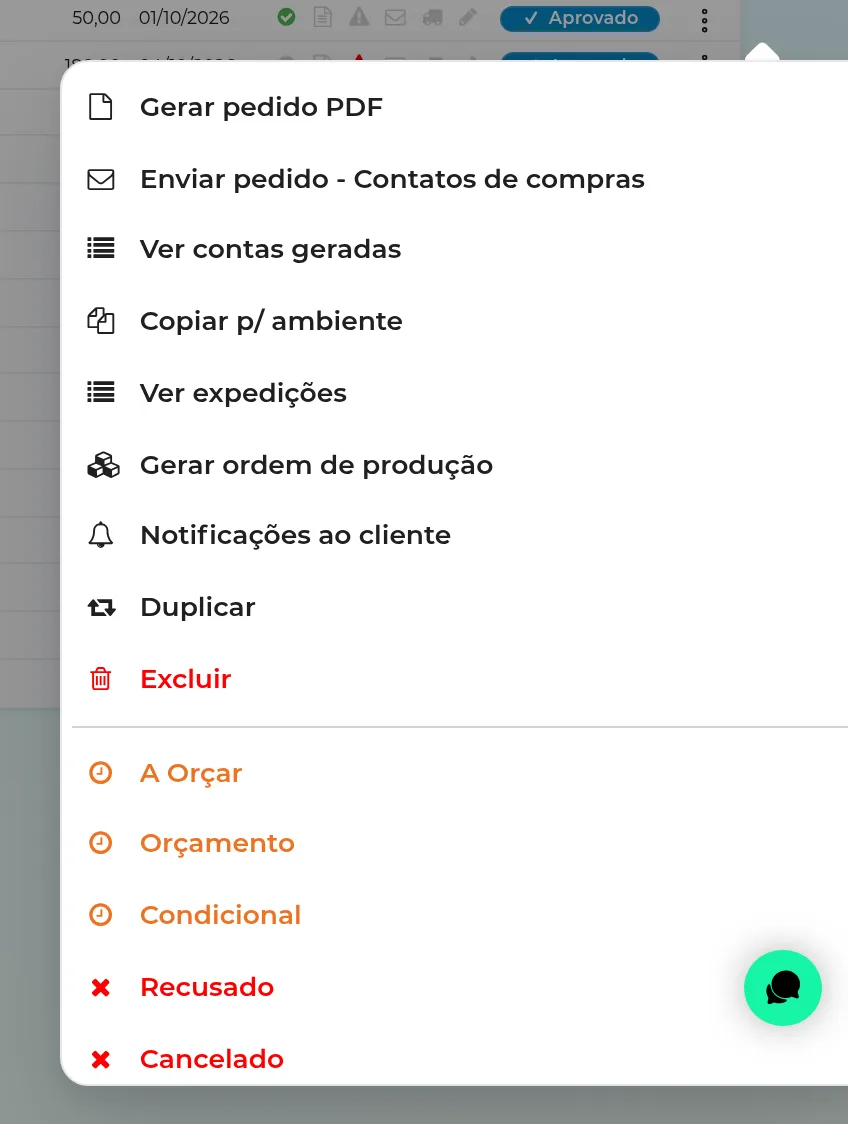 Menu de ações de uma venda na lista, com a opção Duplicar entre Notificações ao cliente e Excluir